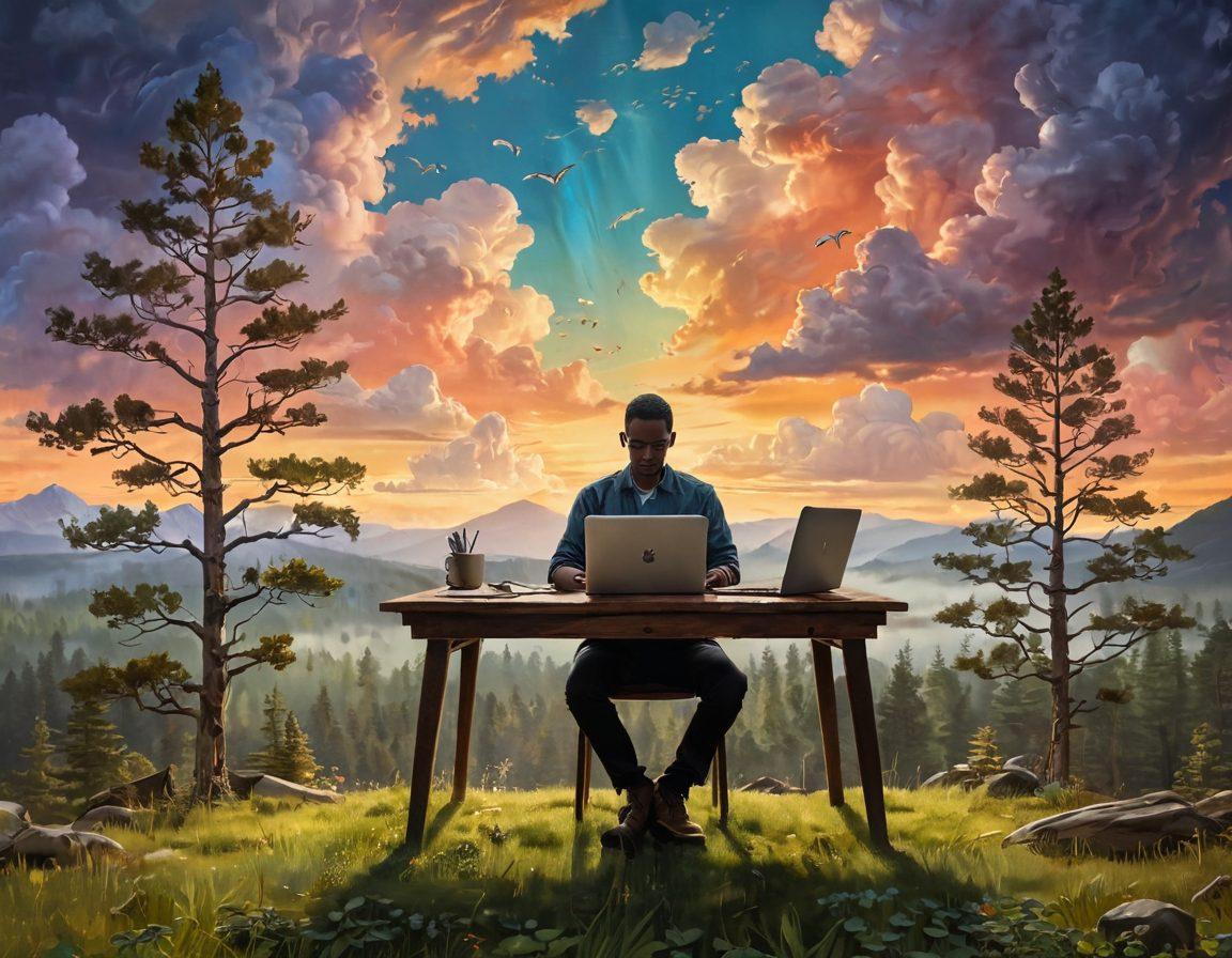 An artistic representation of a person sitting at a vintage wooden desk, deeply focused on their laptop, surrounded by floating digital icons symbolizing creativity and content creation. The background depicts a dreamy landscape that merges a serene forest with abstract clouds resembling thoughts and ideas. Warm, inviting colors enhance the atmosphere, evoking inspiration and introspection. painting. vibrant colors. soft light.