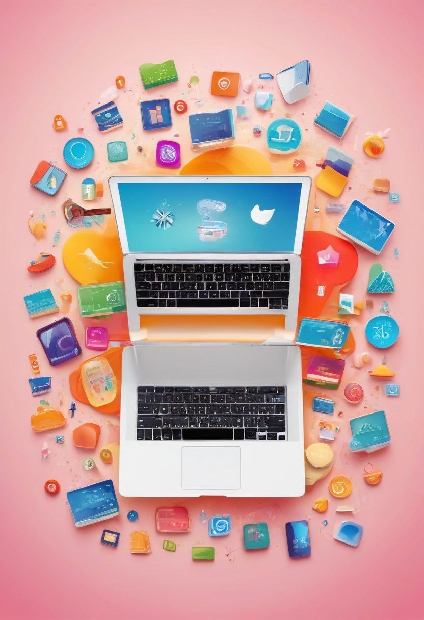 A vibrant, interconnected web of diverse bloggers engaging through laptops and digital devices, showcasing various niche topics like travel, technology, and food. Each niche represented by colorful icons floating around them, against a soft gradient background that suggests a digital landscape. The scene conveys a strong sense of community and collaboration. super-realistic. vibrant colors. soft gradient background.